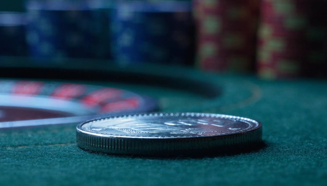 En norsk 20-kronersmynt på et casinobord med jetonger i bakgrunnen