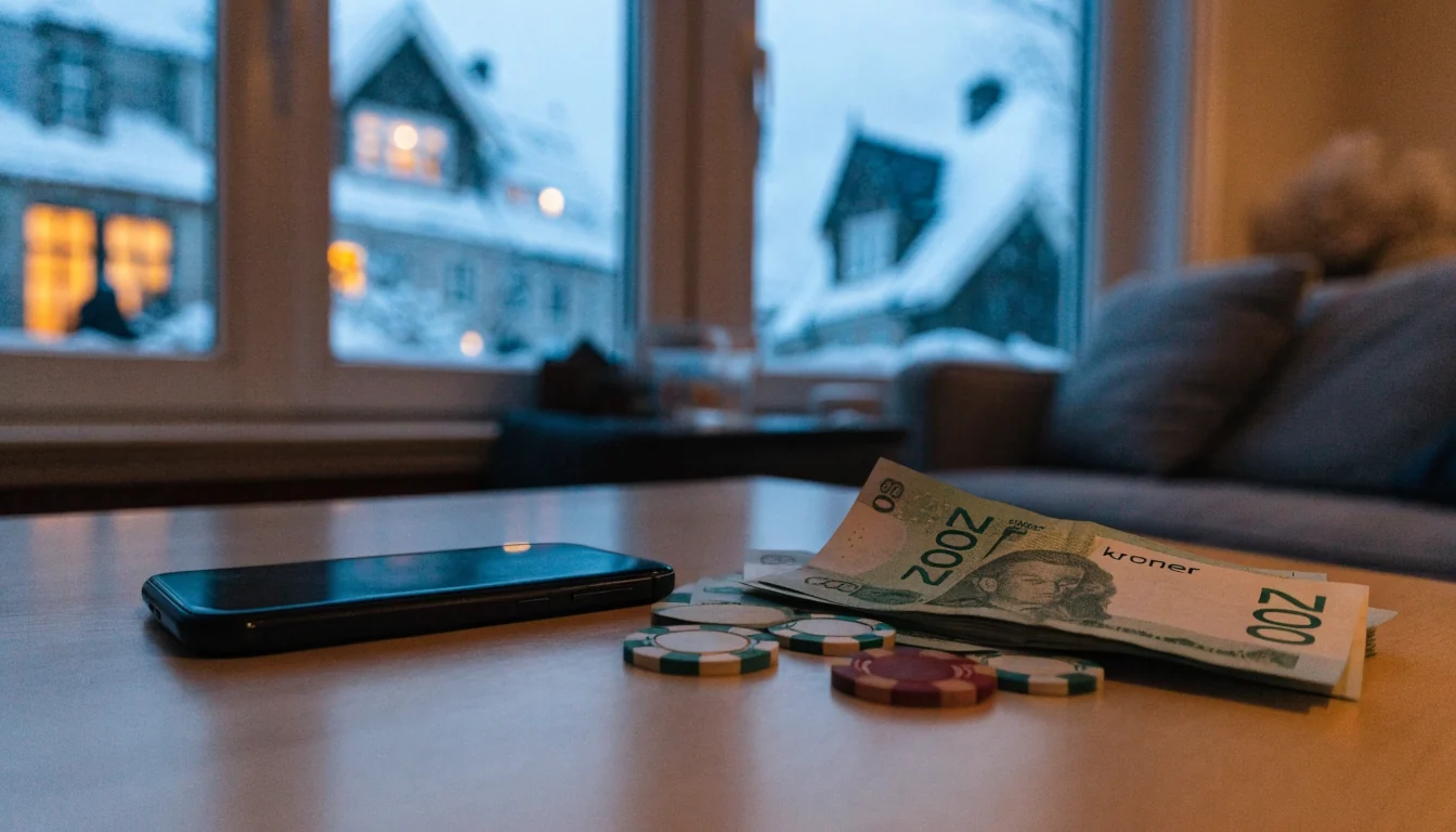 Mobiltelefon vendt ned med norske 200-kronersedler og casinobrikker på et stuebord