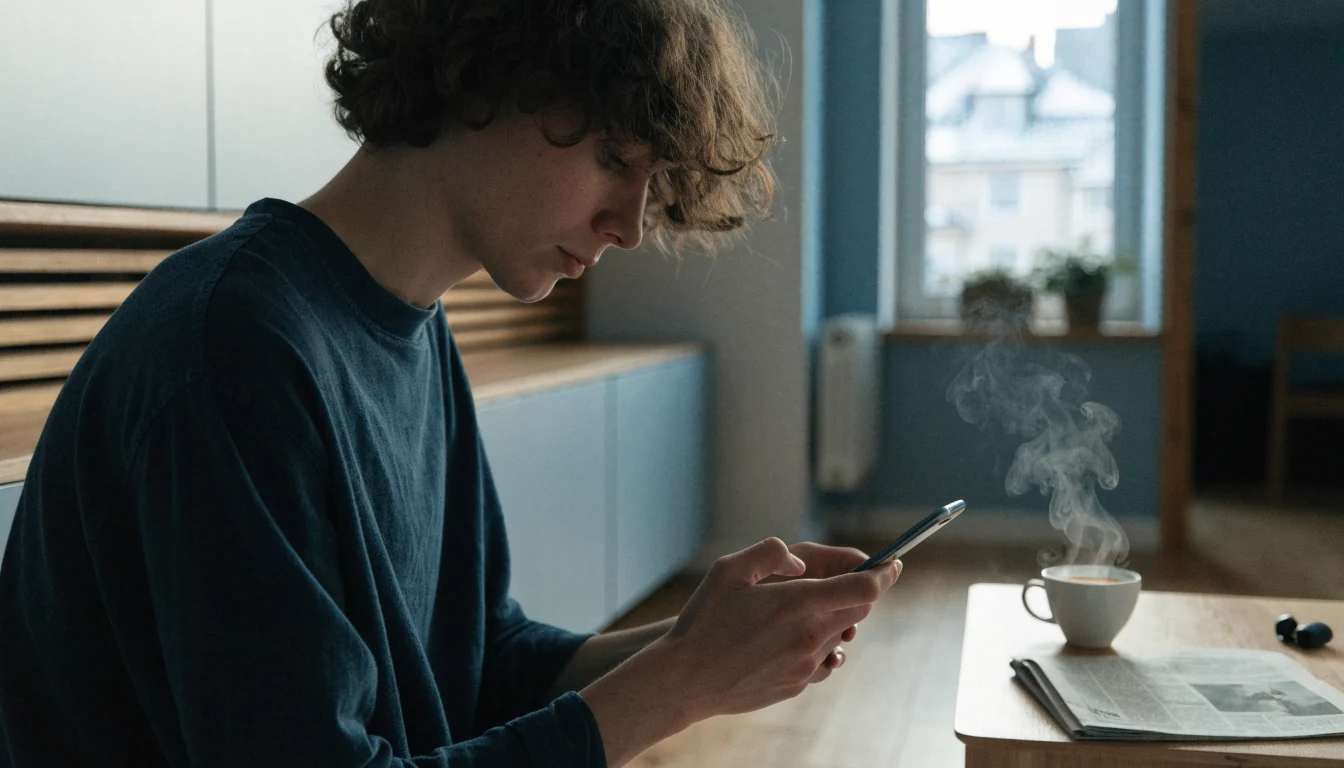 Nordmann med telefon i moderne stue med kaffe og norsk byutsikt