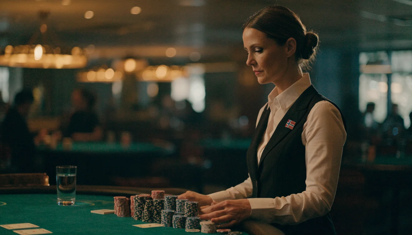 Elegant blackjack-bord med dealer og kasinokuler i dempet belysning