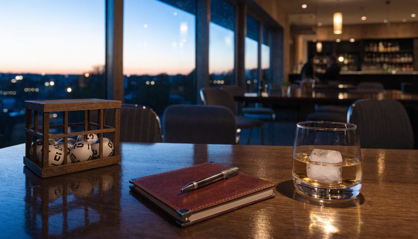 Moderne Oslo-bar med keno-ballbur og notatbok på trebord