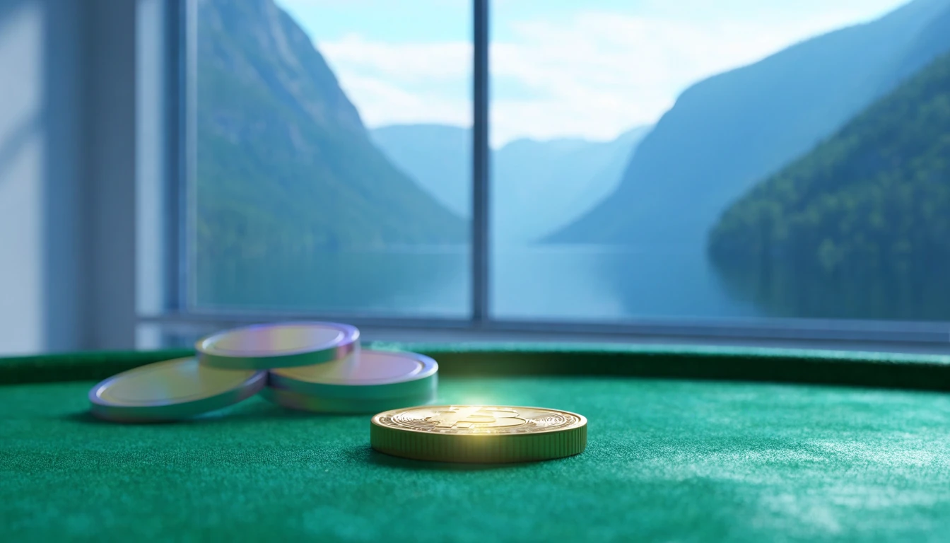 Bitcoin-myrt på casino-filt med sjetonger og norsk fjord i bakgrunnen