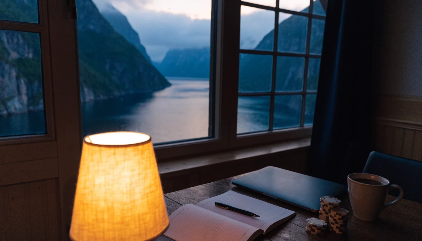 Norsk hytte ved fjord med notatbok, kaffekopp og casinobrikker på bordet