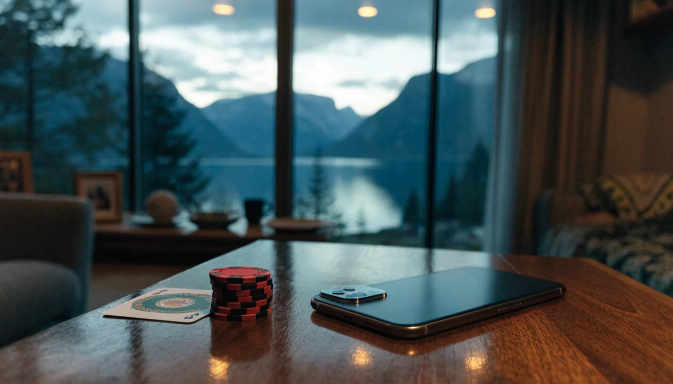 Smartphone med casinokroker ved siden av på et norsk stuebord