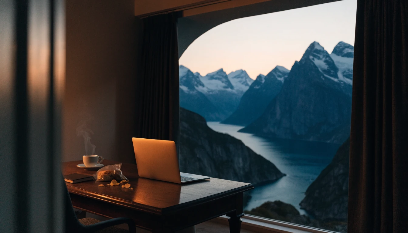 Laptop på skrivebord med utsikt over norsk fjord ved skumring