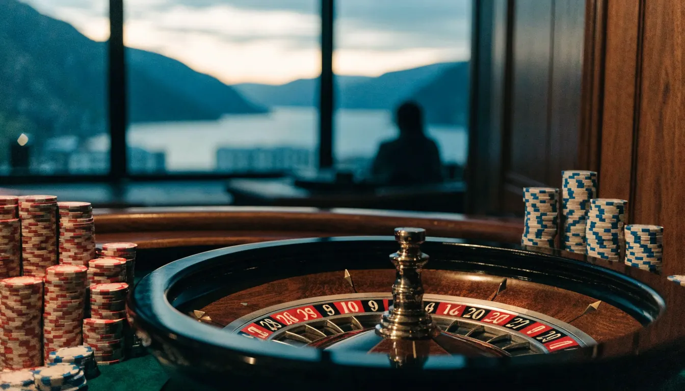 Roulettehjul og jetonger på et casino-bord i Norge