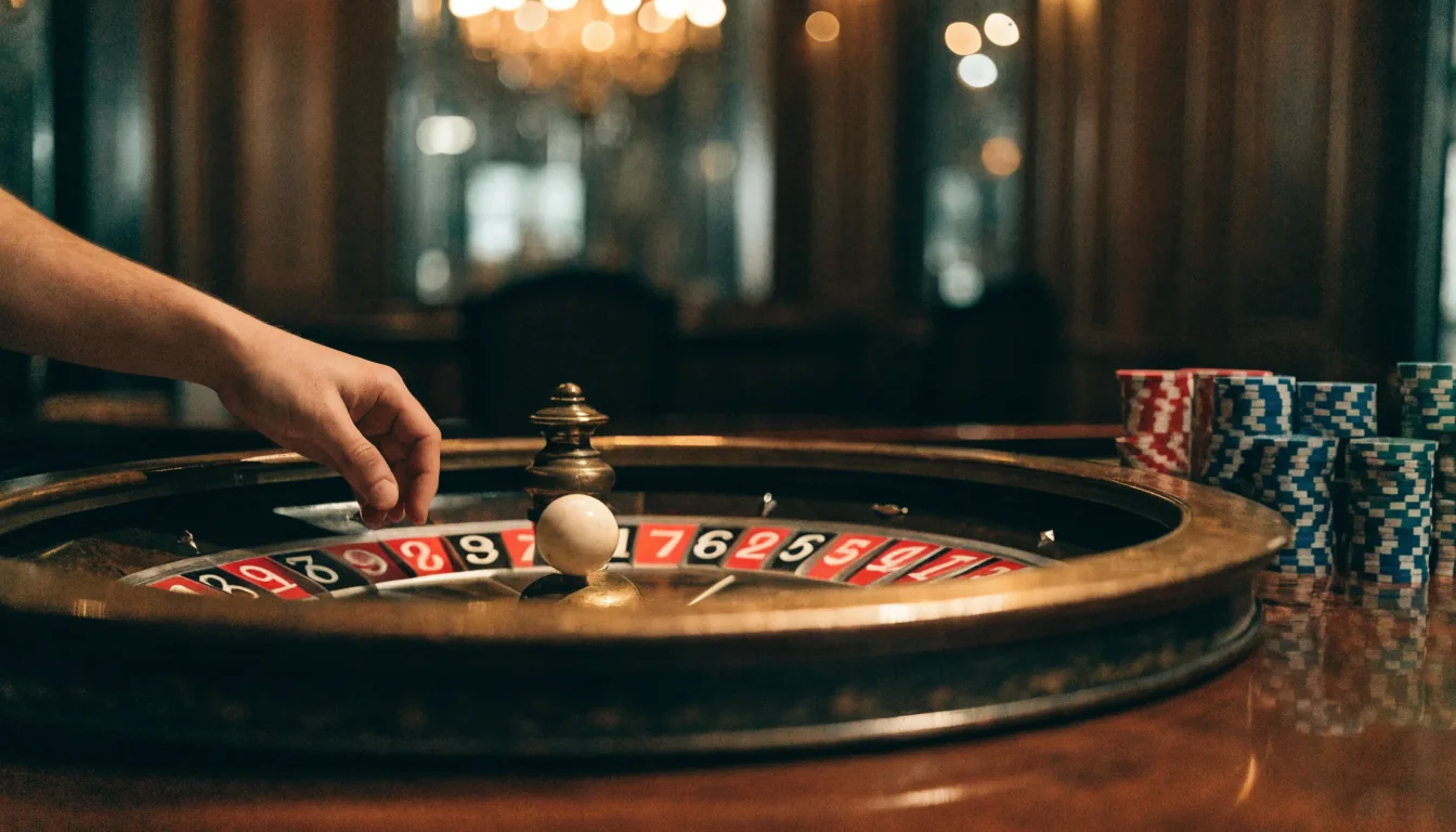 Europeisk rulettbord med hjul og jetonger i elegant casino