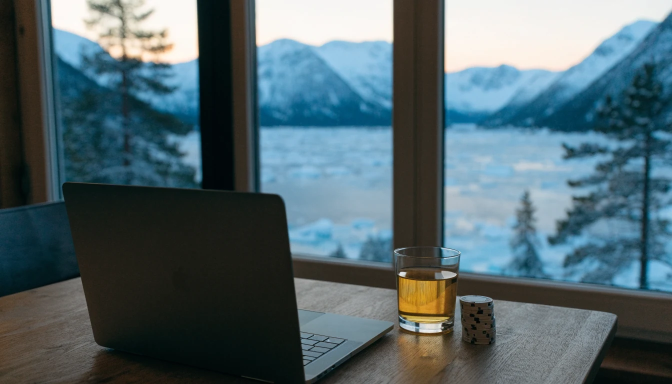Stengt laptop på trebord med pokerbrikker og utsikt mot norsk fjord i skumringen