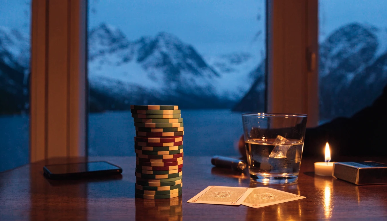 Norsk blackjackkveld med jetonger og kort på et koselig bord