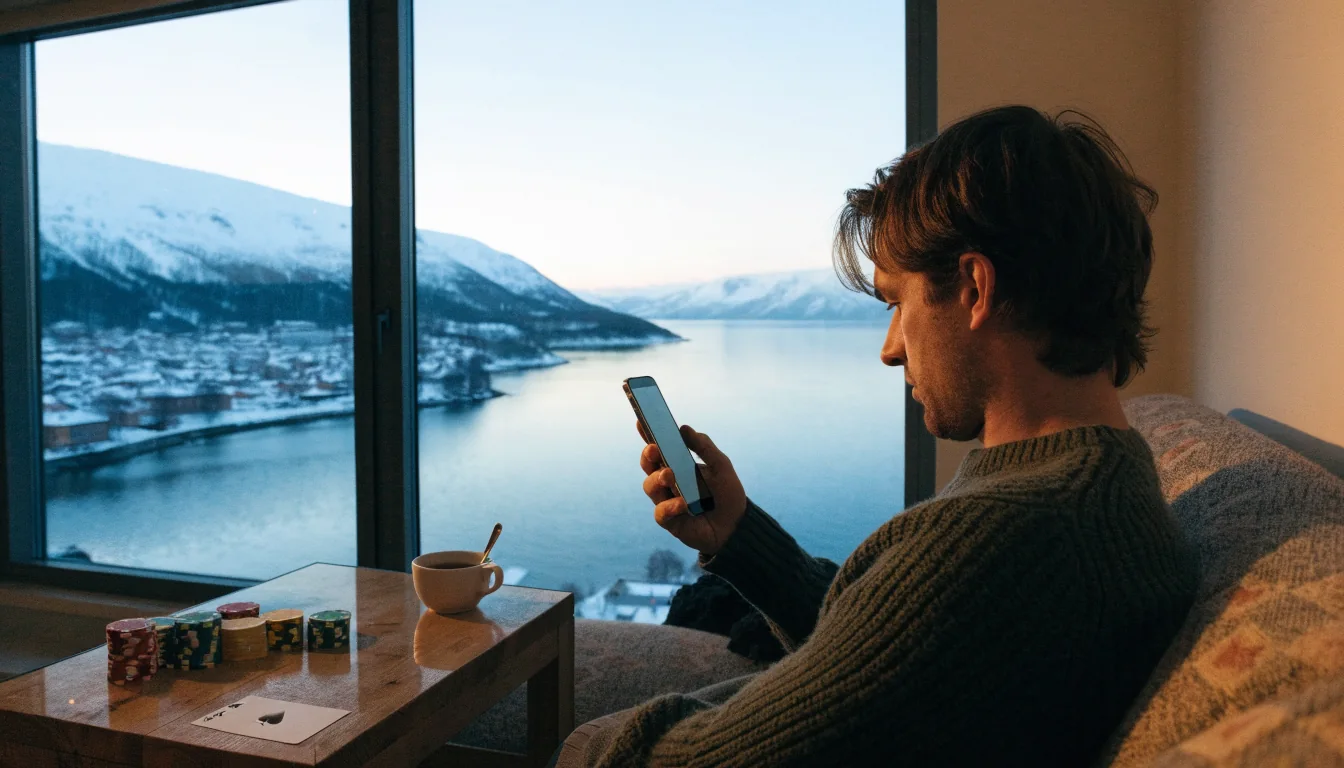 Mann i norsk stue med telefon og jetonger ved siden av
