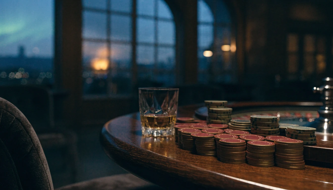 Luksuriøst casinobord med roulettejetong og norsk vinterstemning