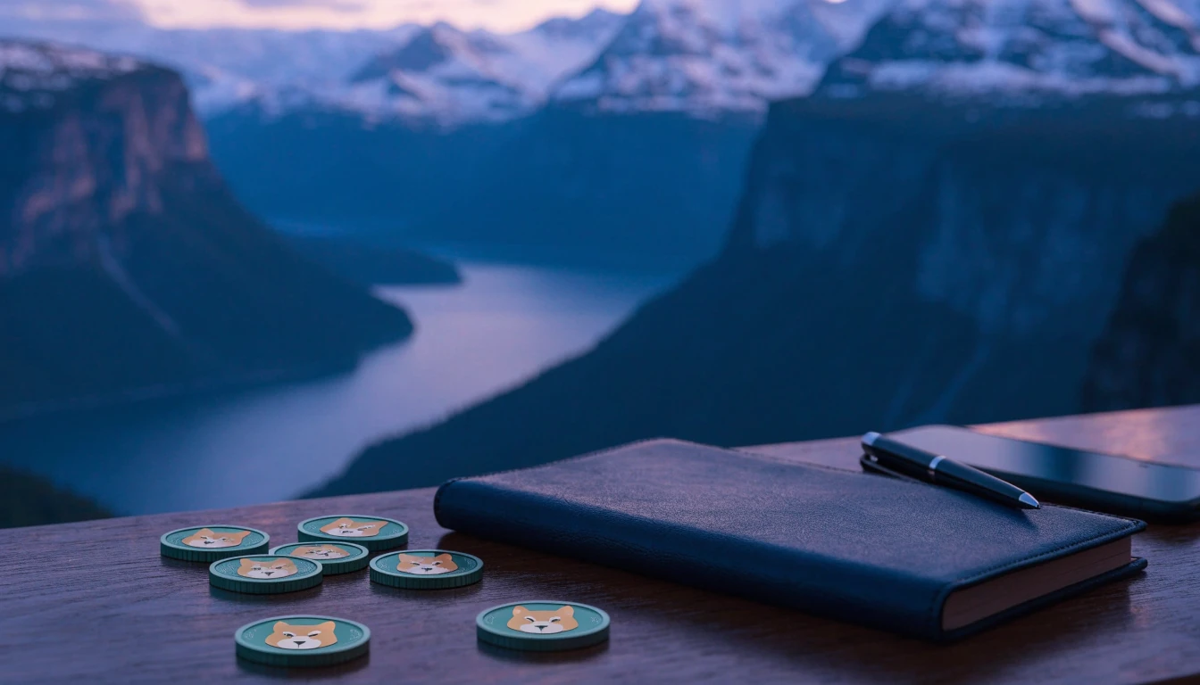 Dogecoin-mynter og notatbok på et trebord med norsk fjord i bakgrunnen
