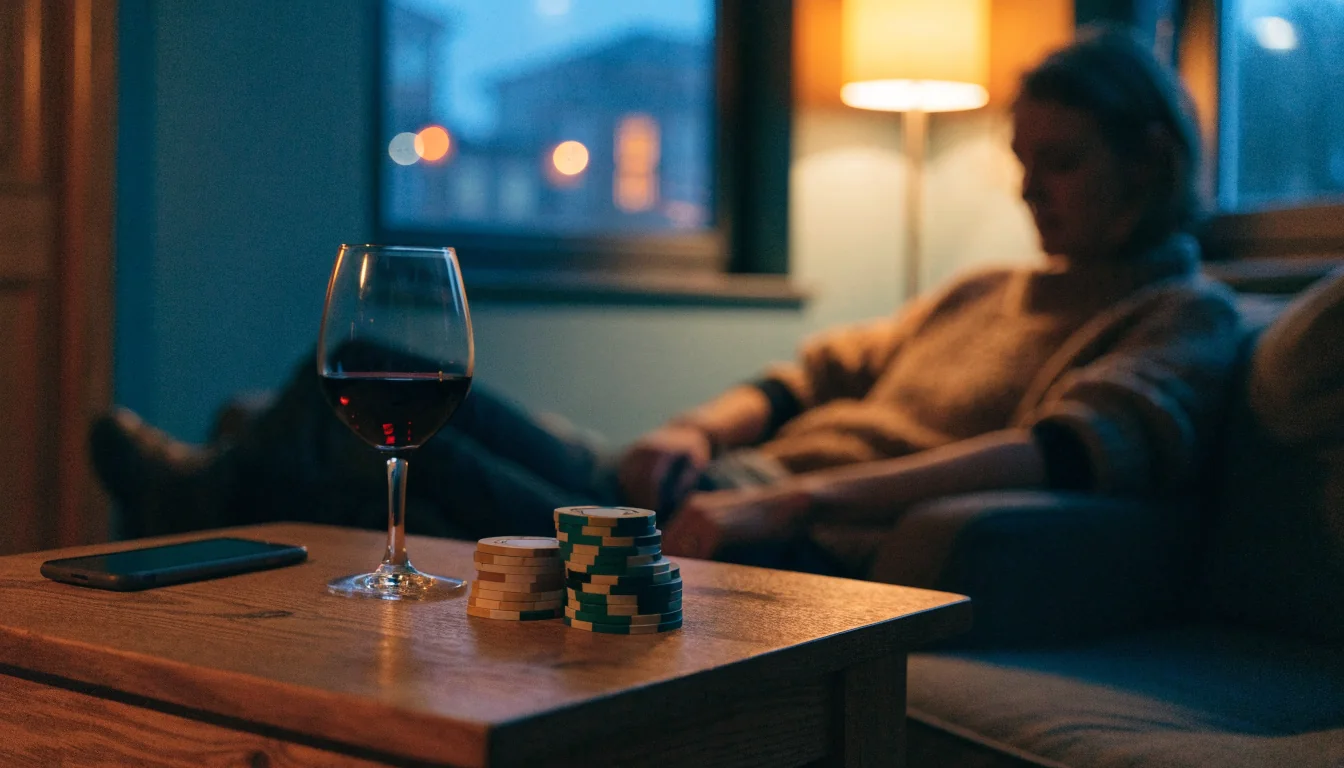 Smarttelefon vendt ned ved siden av jetonger og et glass vin i en koselig norsk stue