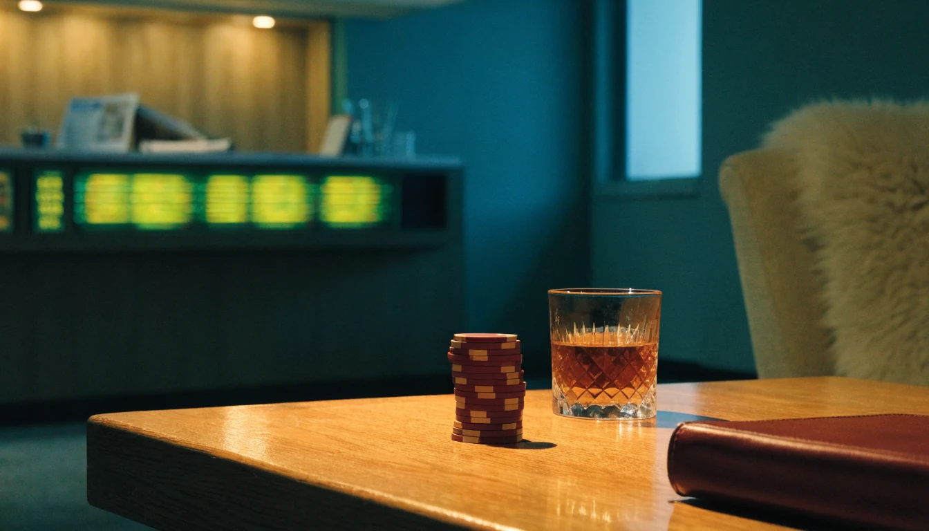 Stilleben med casinobrikker, whiskey og tent belysning i norsk lounge