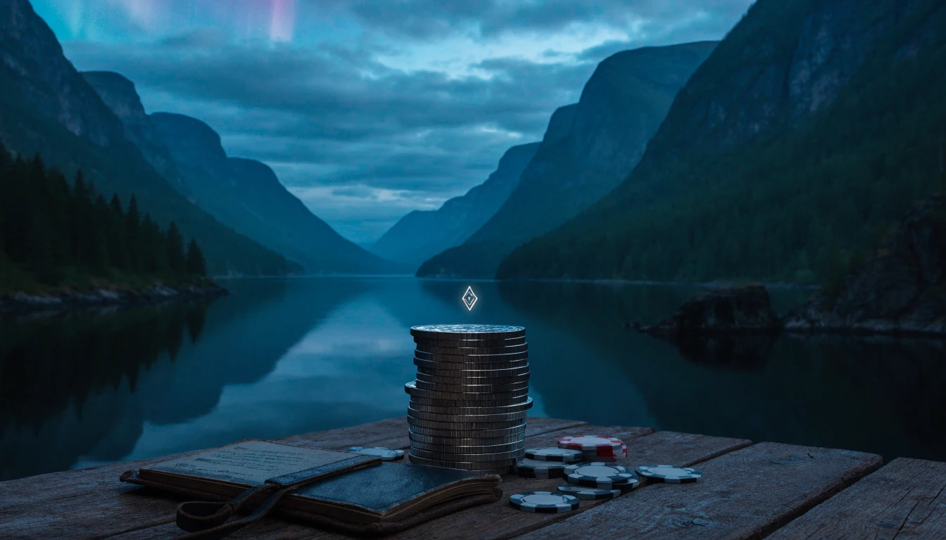 Norsk fjord ved skumring med Tron-mynter og casinobrikker på bord