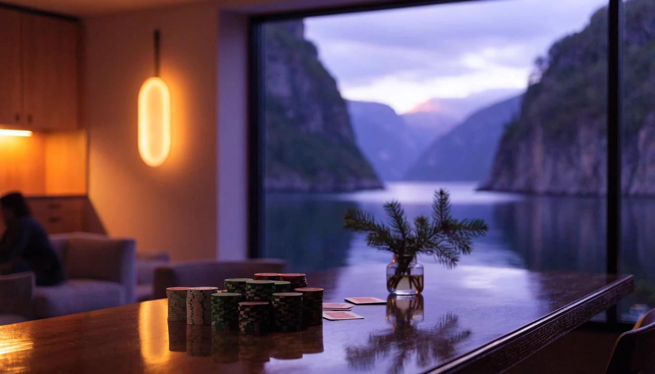 Elegant norsk stue med casinobrikker, kort og fjordutsikt ved skumring