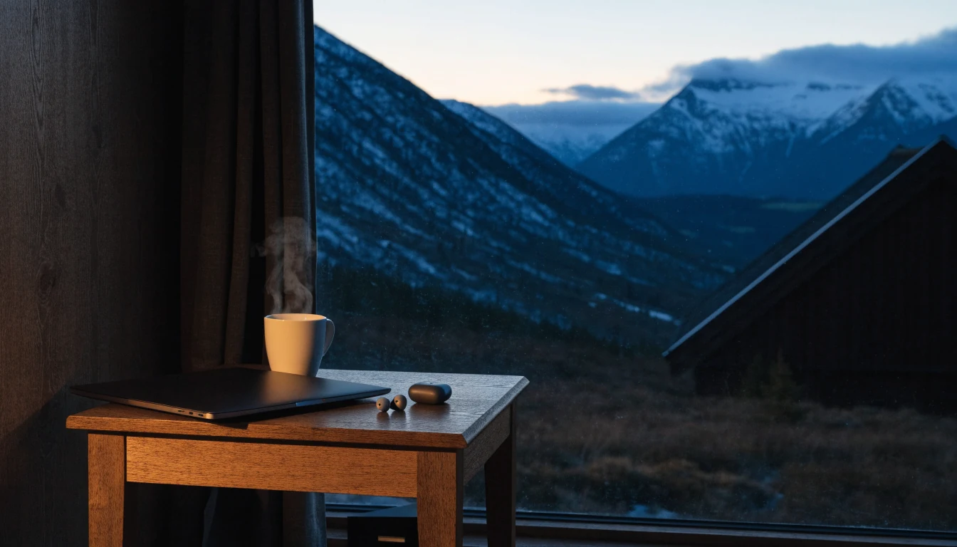Koselig norsk stue med lukket bærbar PC, kaffekopp og utsikt mot fjord ved skumring.