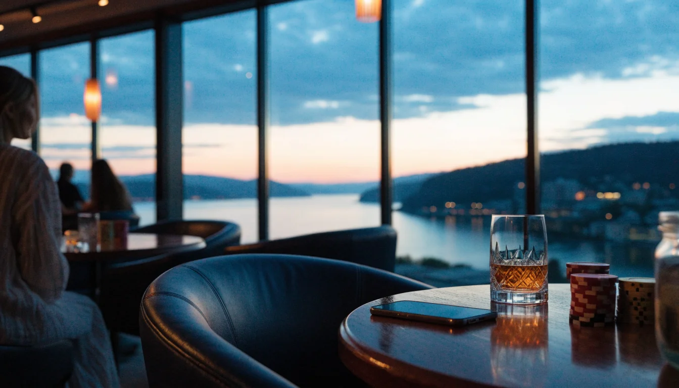 Moderne norsk lounge med casinobrikker og whisky i skumring