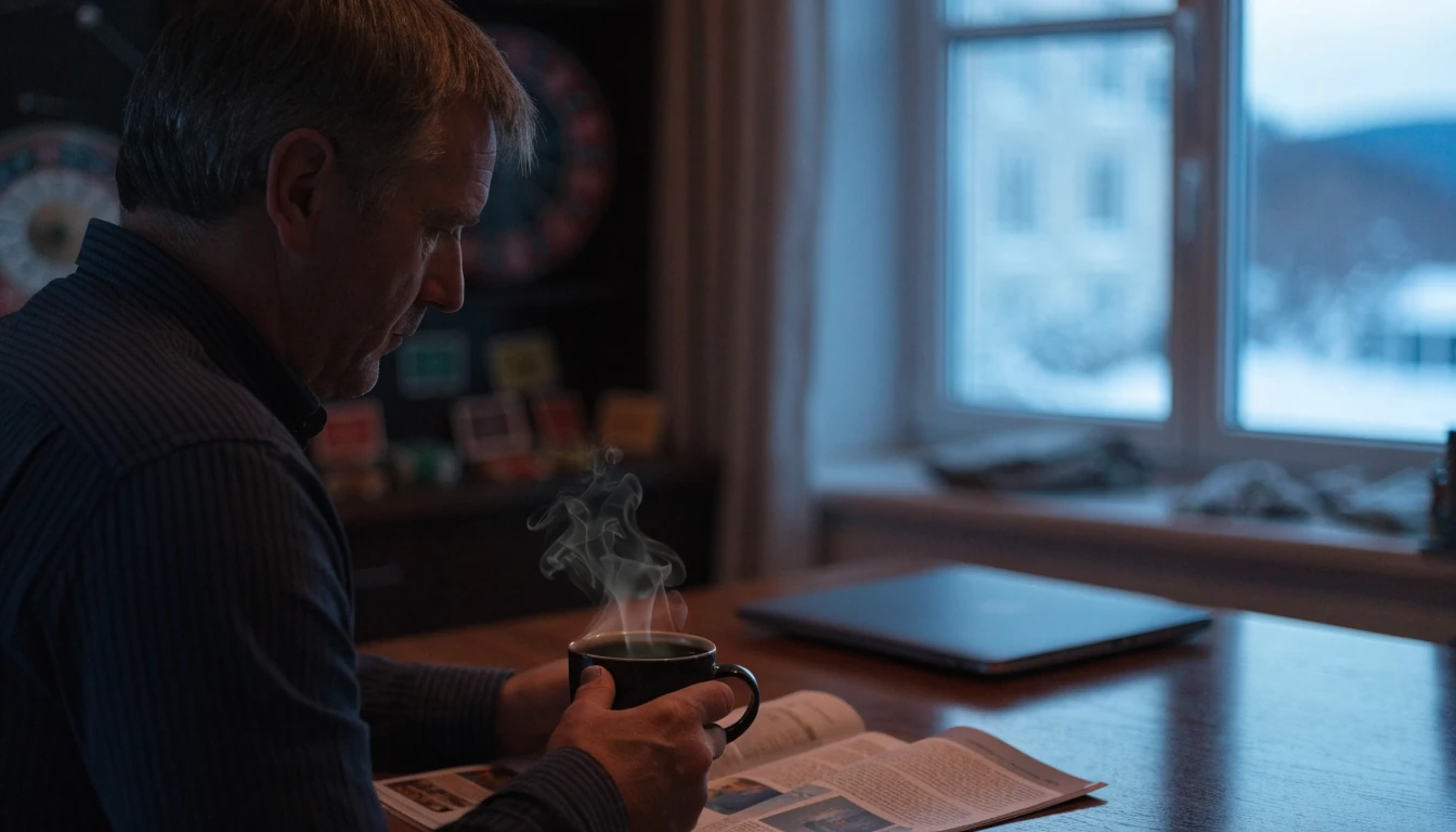 Mann ved bord med kafékopp og lukket laptop, kveldslys i norsk stue