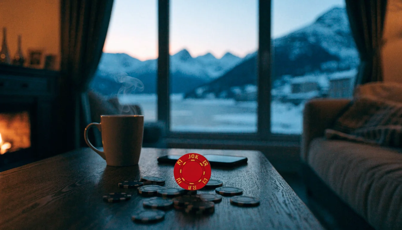 Norsk stue med casinojetonger og kaffekopp ved peisen