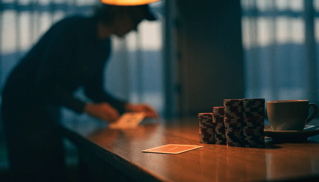Dempet norsk loungebord med casinobrikker, et tipslipp og en kopp kaffe