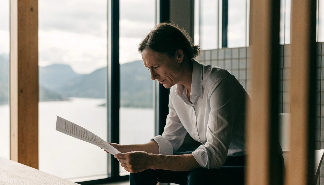 Person som leser et trykt dokument i et lyst kontor med utsikt over en norsk fjord.