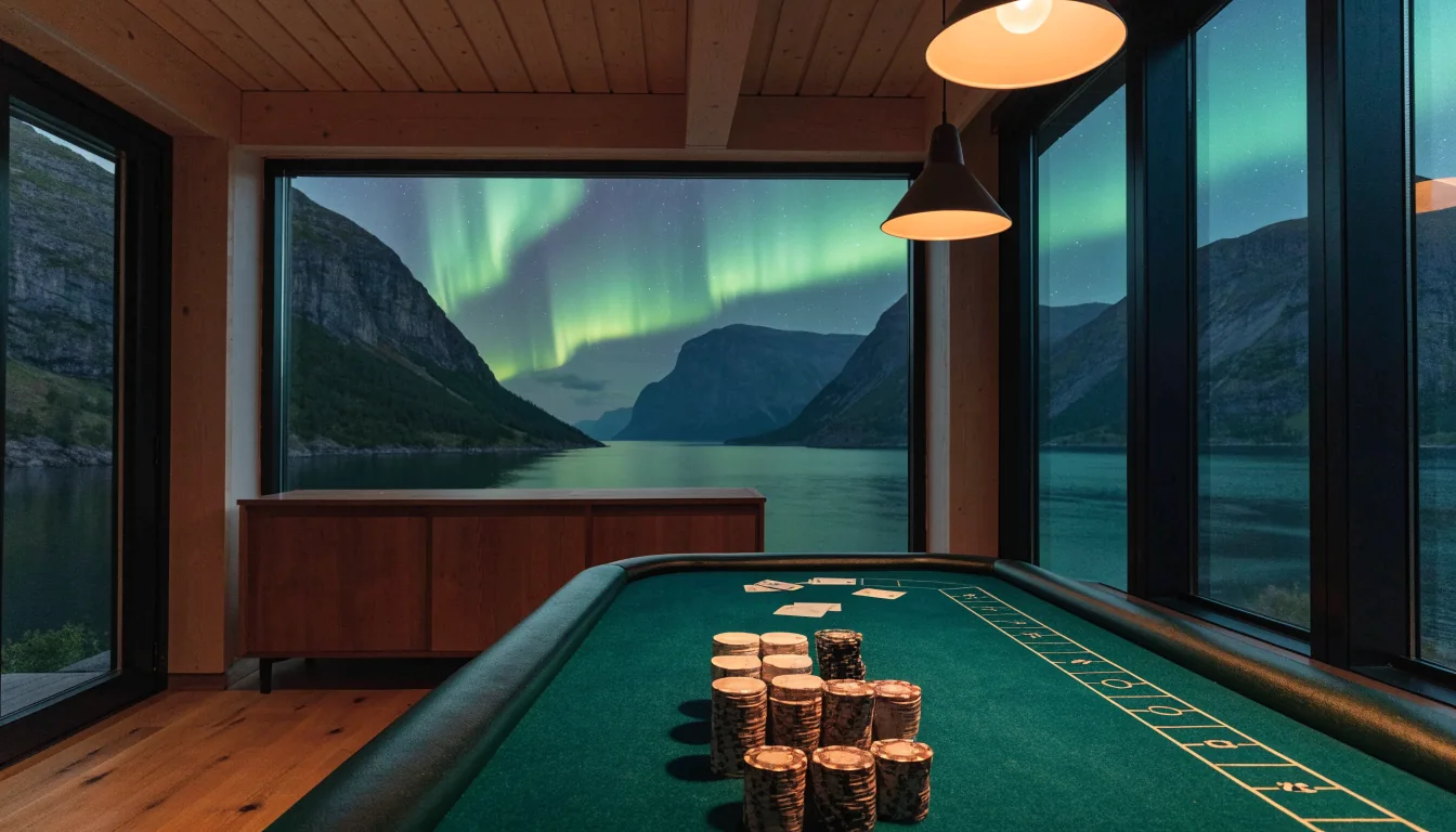 Blackjack-bord med kort og jetonger i norsk lounge med nordlys