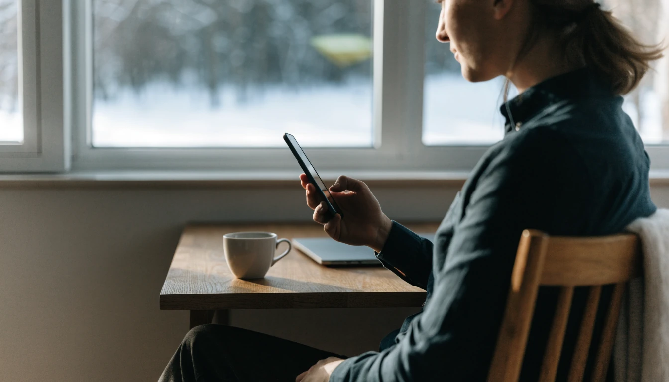 Person ved skrivebord med lukket bærbar PC og telefon i moderne norsk hjem