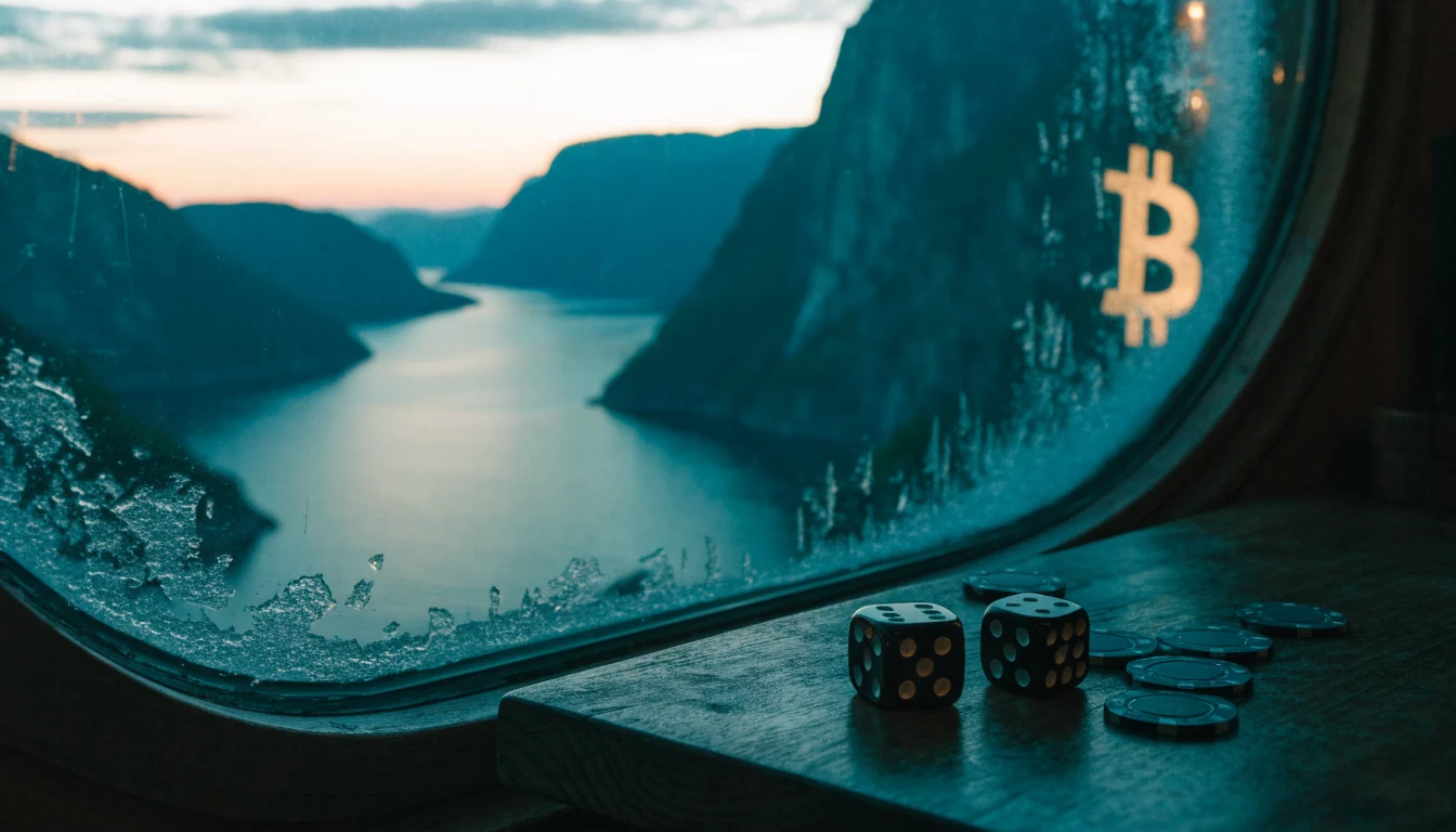 Norsk fjord ved skumring med kryptovaluta-symbol og spillebrikker