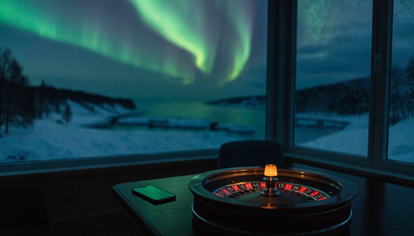 Roulettehjul ved vindu med norsk fjord og nordlys i 2026