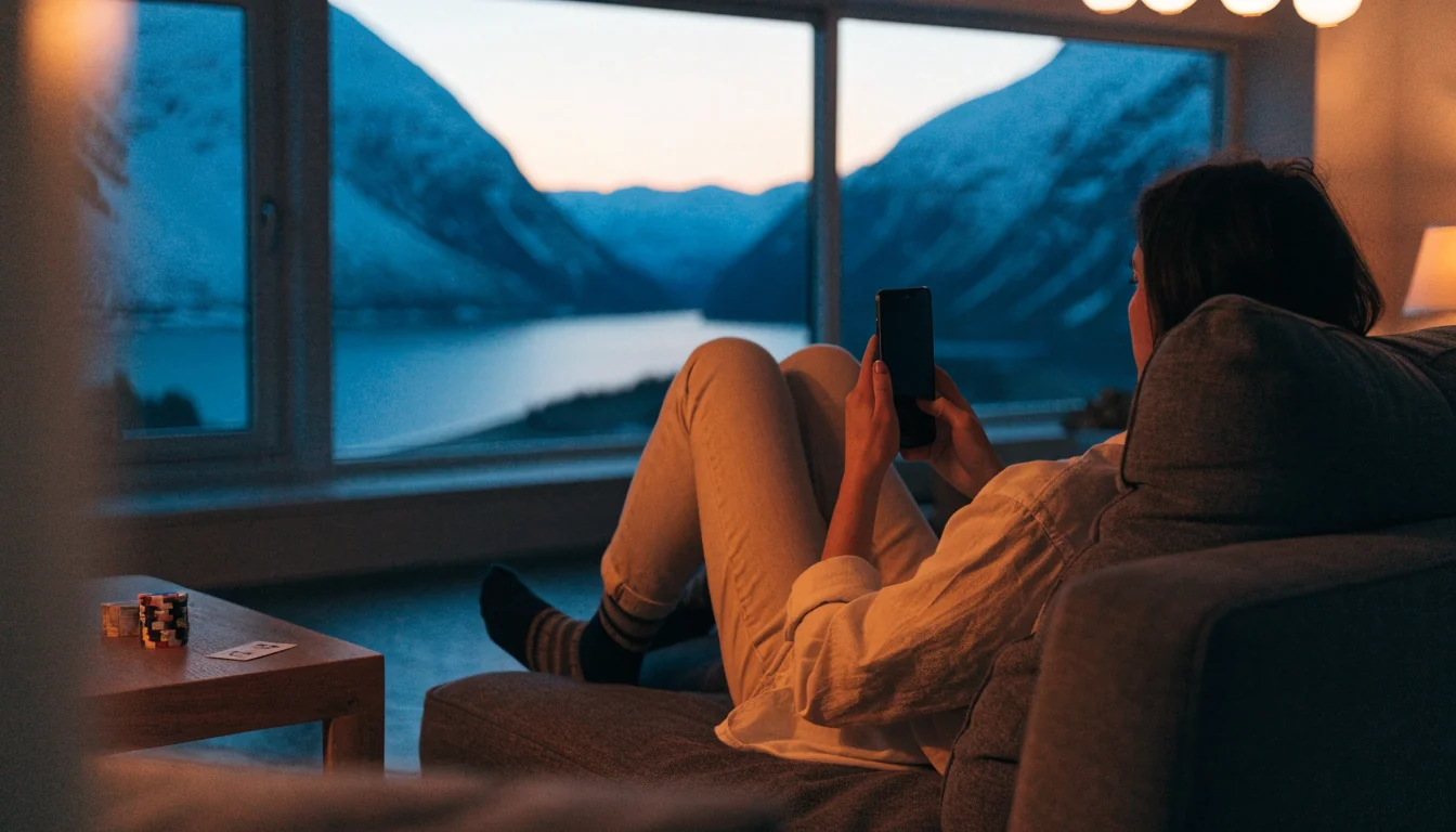 Person i norsk stue med telefon og casinobrikker ved siden av