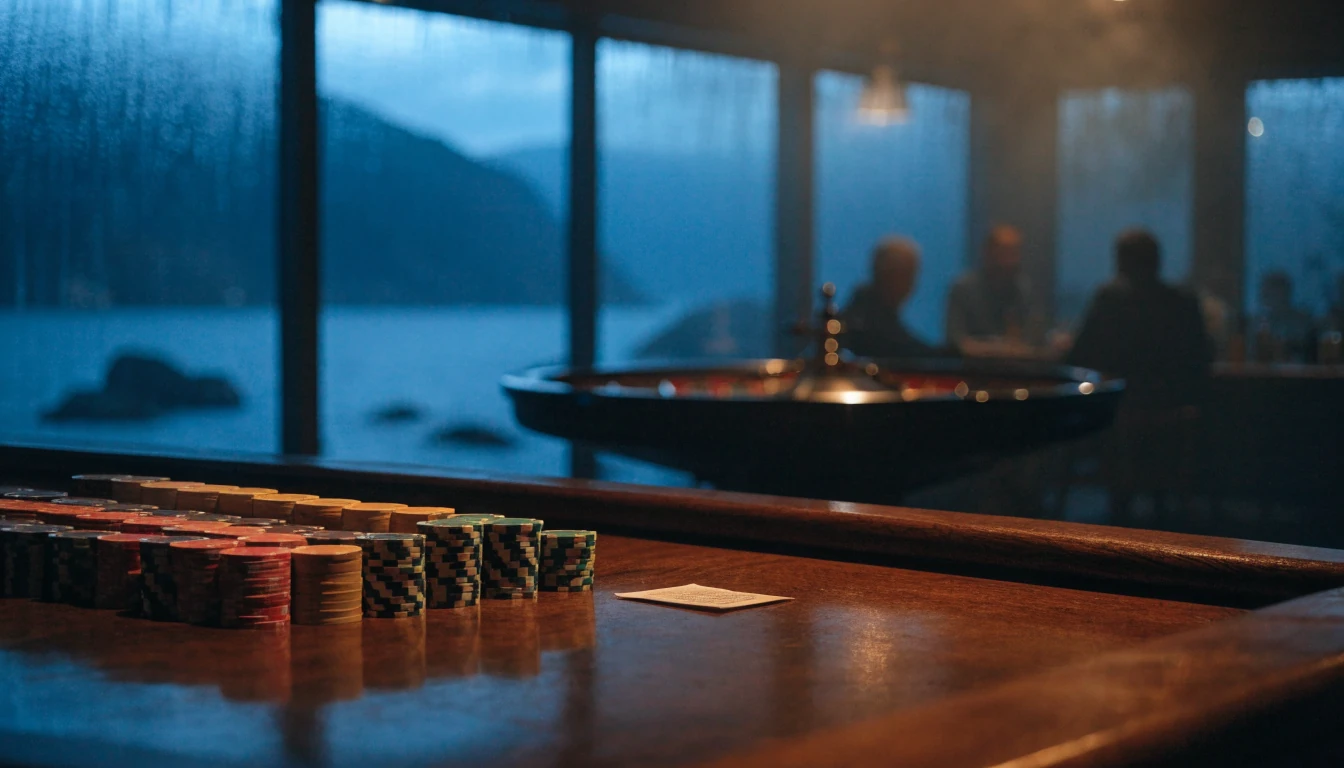 Norsk casinostemning med jetonger og rulettbord i varm belysning