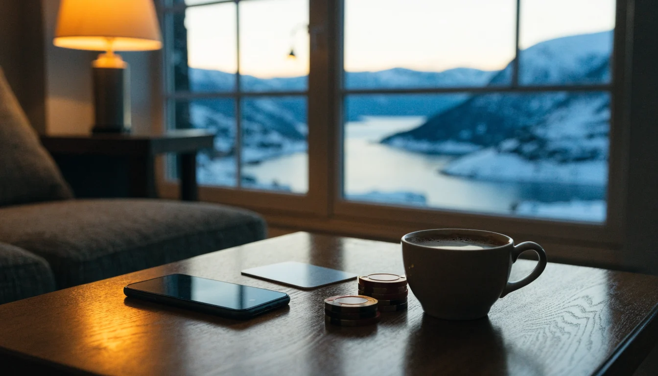 Bord med telefon, betalingskort og casinopenger i norsk stue