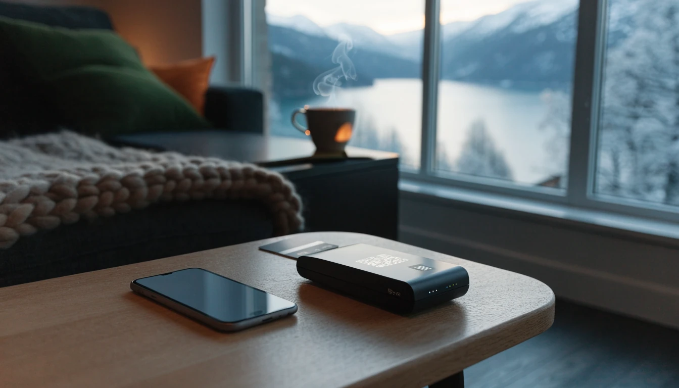 Smarttelefon med Google Pay på et nordisk bord i en moderne norsk stue