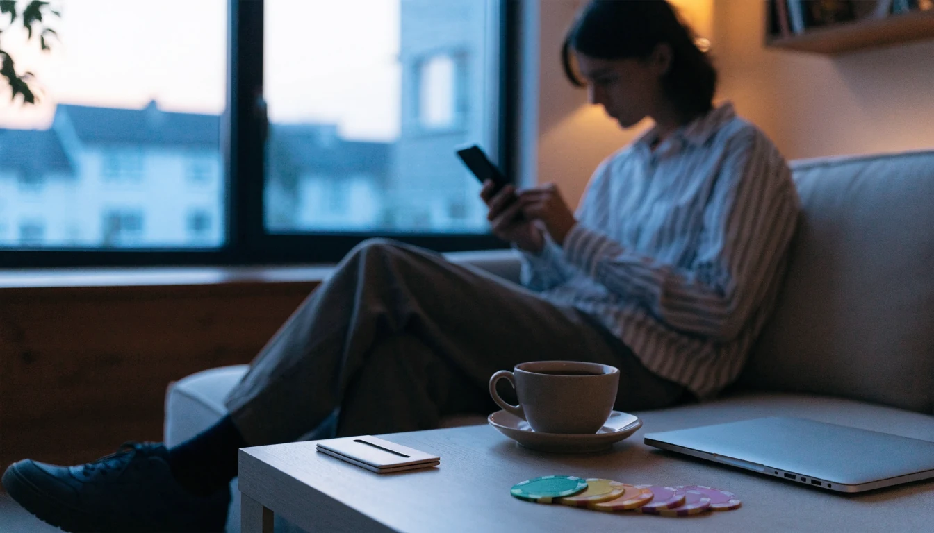 Person med telefon og casinojetonger i moderne norsk stue