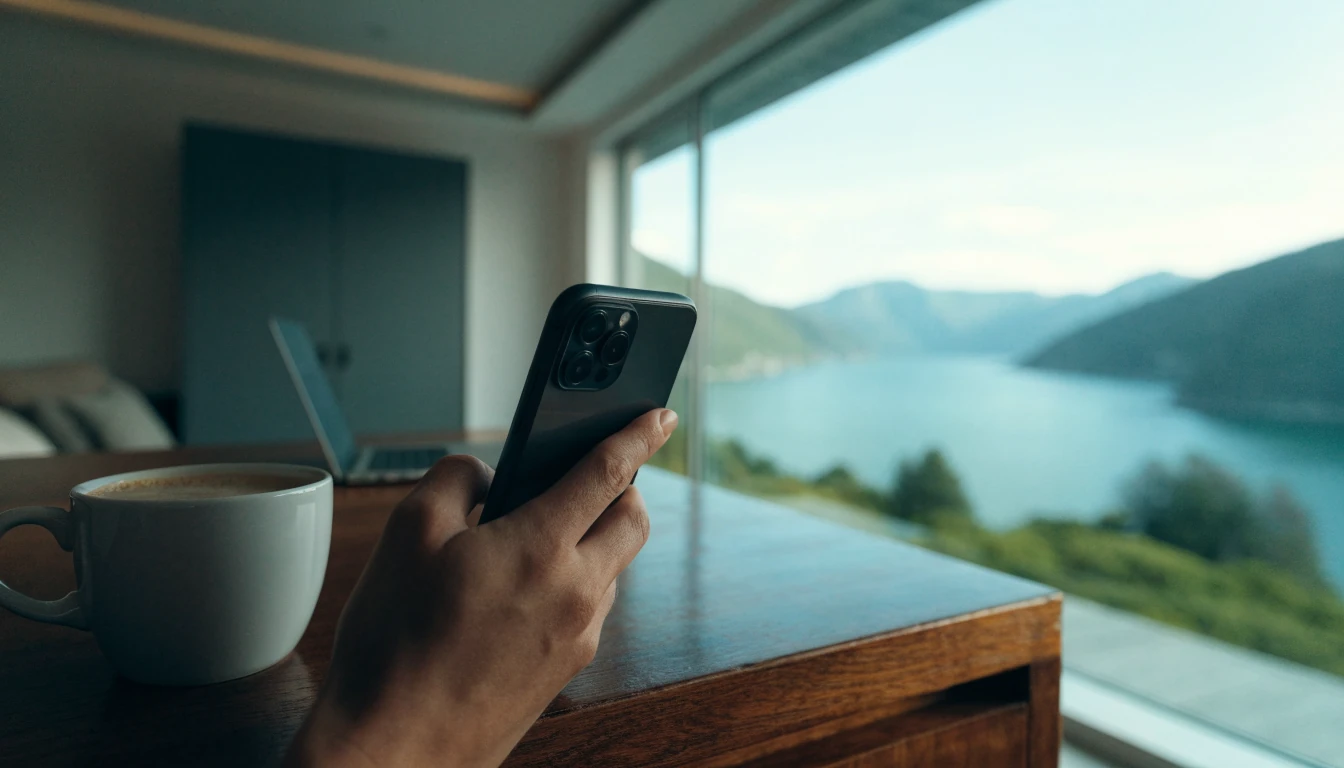 Mann som betaler med mobilen hjemme i Norge