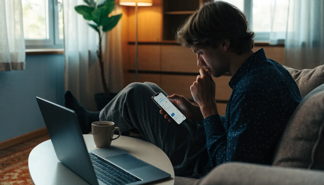 Mann i norsk stue med bærbar PC og PayPal-betaling på mobilen