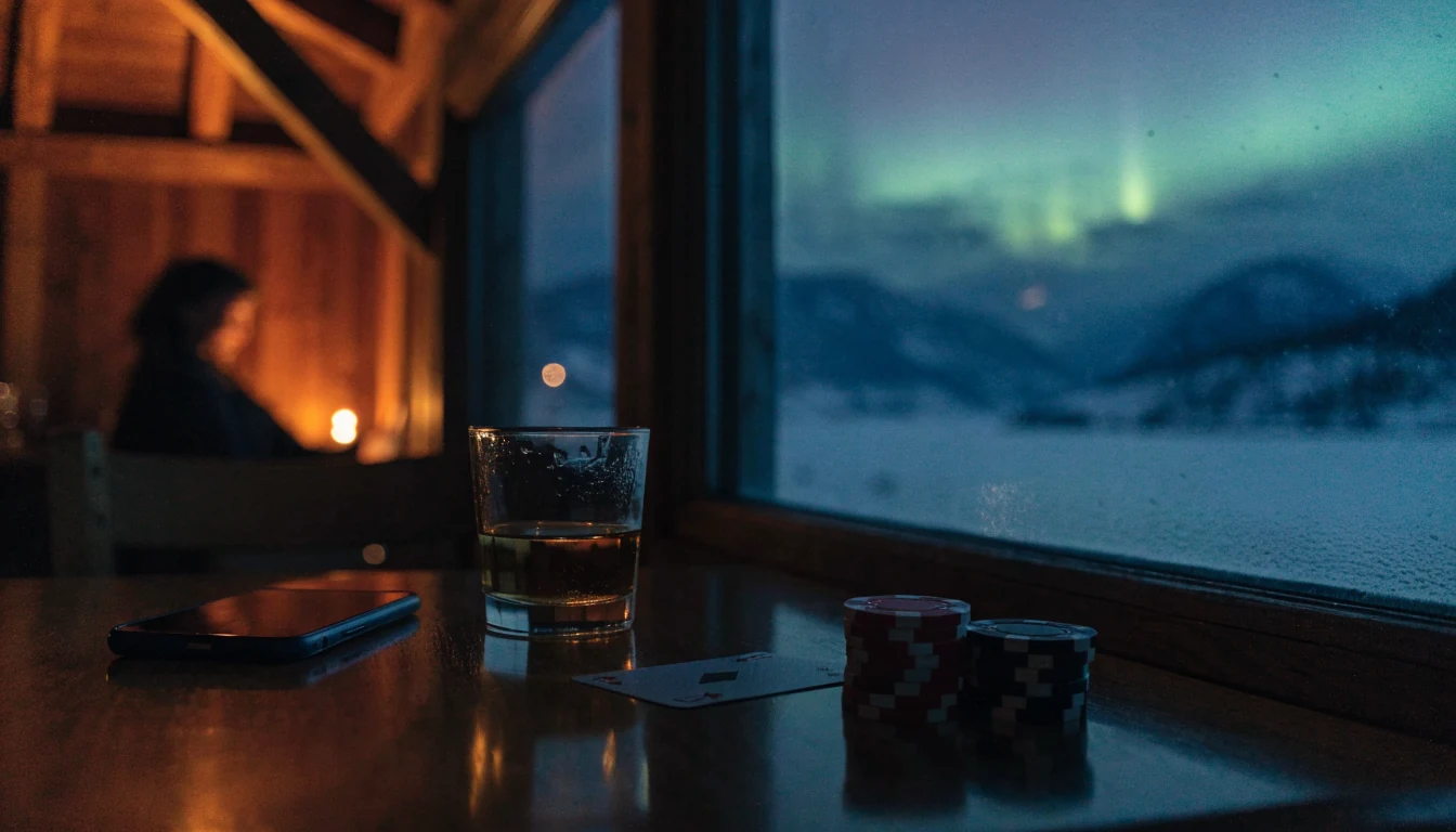Norsk hyttelivsscene med kasinobrikker og kort på bordet