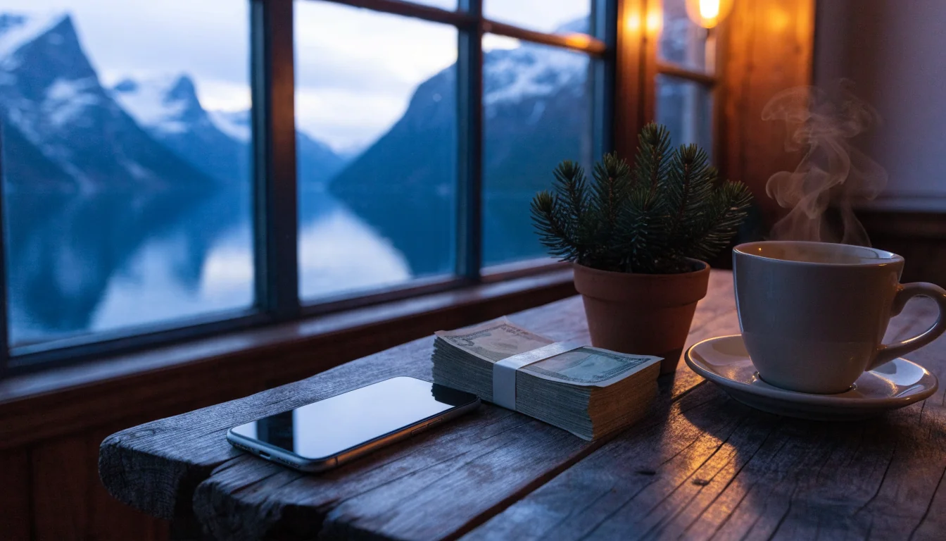Smartphone med norske kroner på et trebord ved snødekt fjordvindu i skumringen