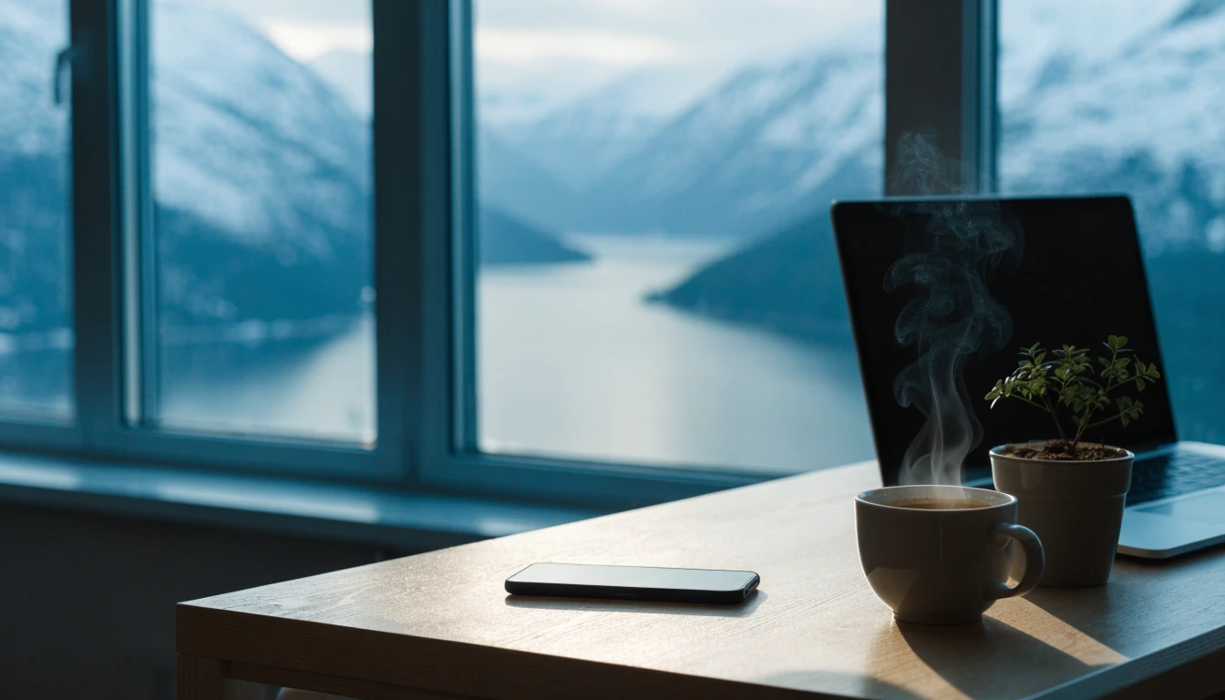 Minimalistisk skrivebord med telefon og kaffe med utsikt over norsk fjord