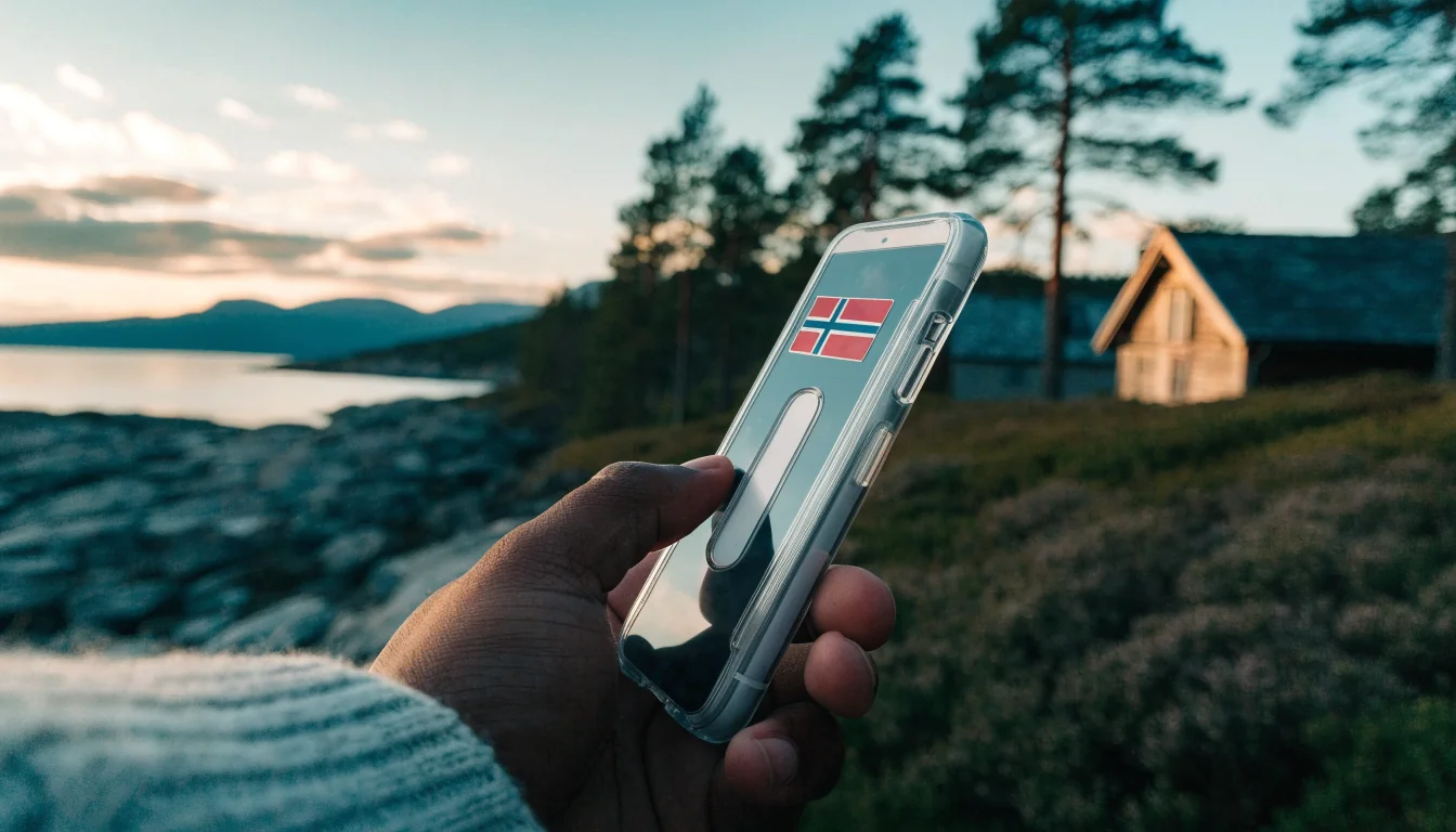 Smartphone i hånd med norsk fjordlandskap i bakgrunnen
