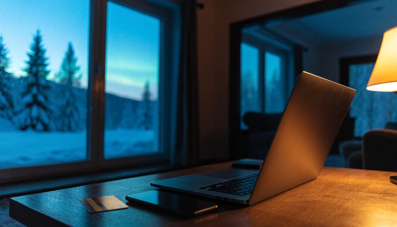 Visa-kort og laptop i koselig norsk stue med nordlys utenfor vinduet