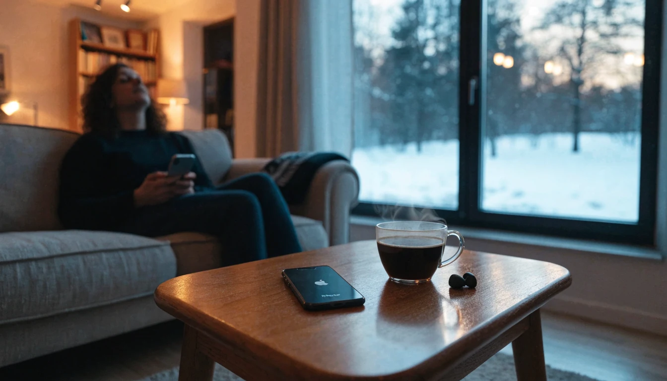 iPhone på et norsk stuebord ved en varm kopp kaffe