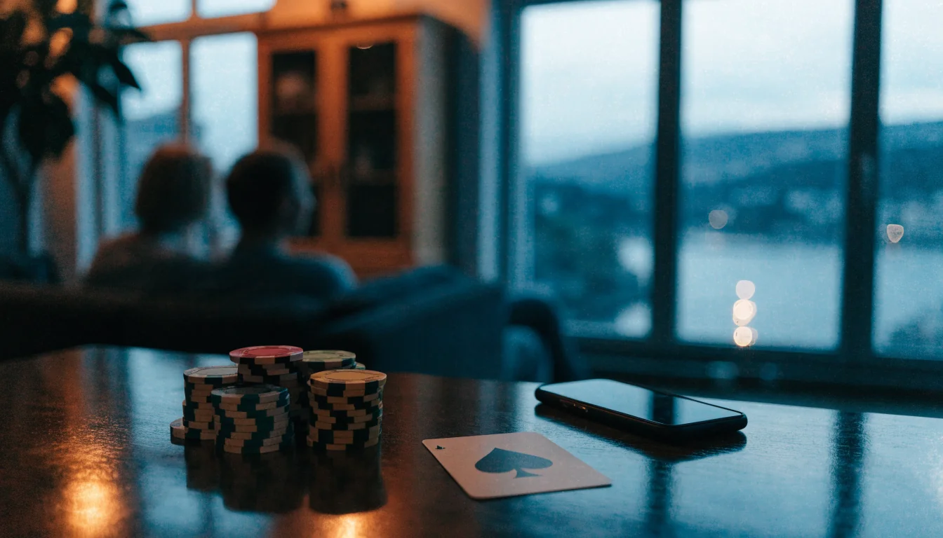 Casinochips og spillkort på et bord i en koselig norsk stue