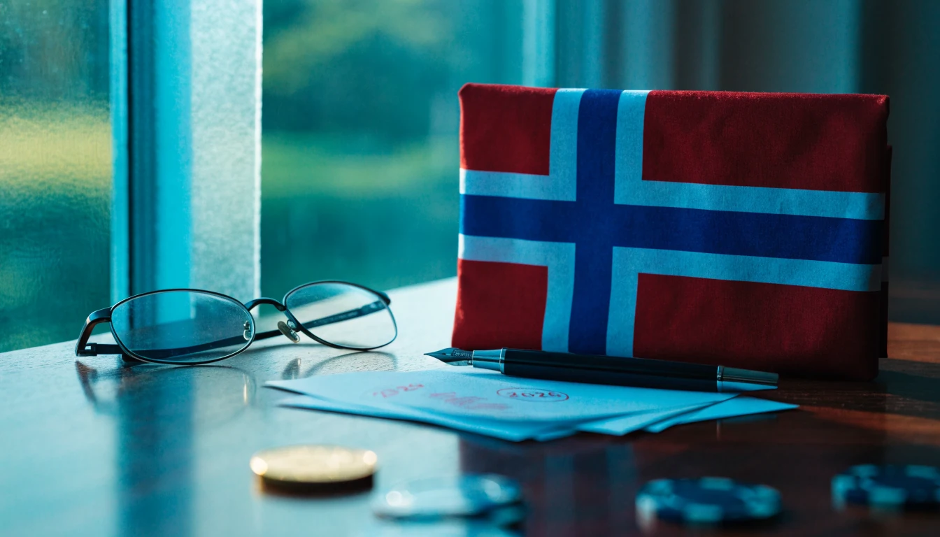 Norsk skatteplanlegging av casinogevinster med dokumenter, gullmynt og casinobrikker på skrivebord