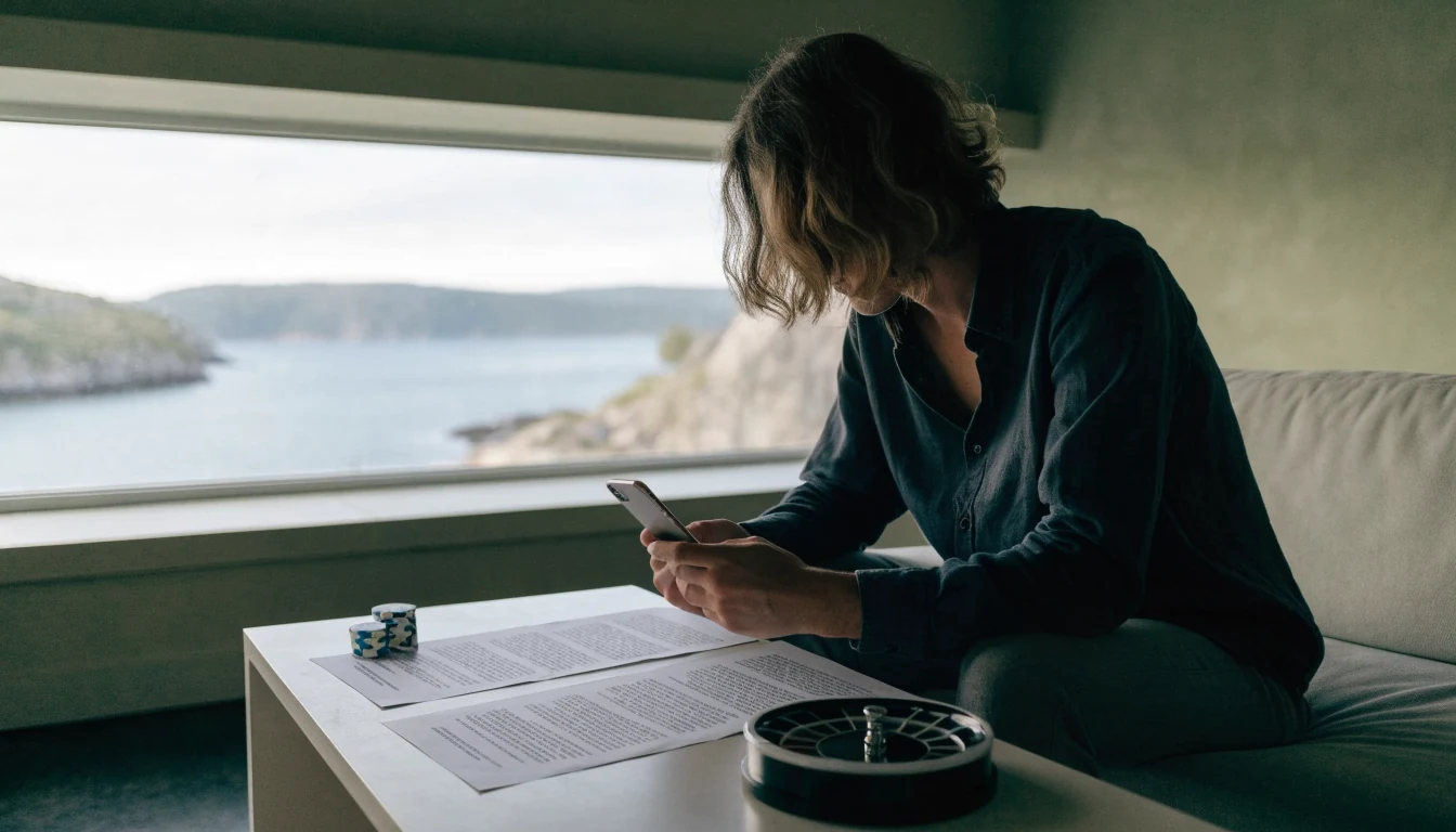 Nordisk person som vurderer casinotilbud hjemme med rolig utsikt over fjord