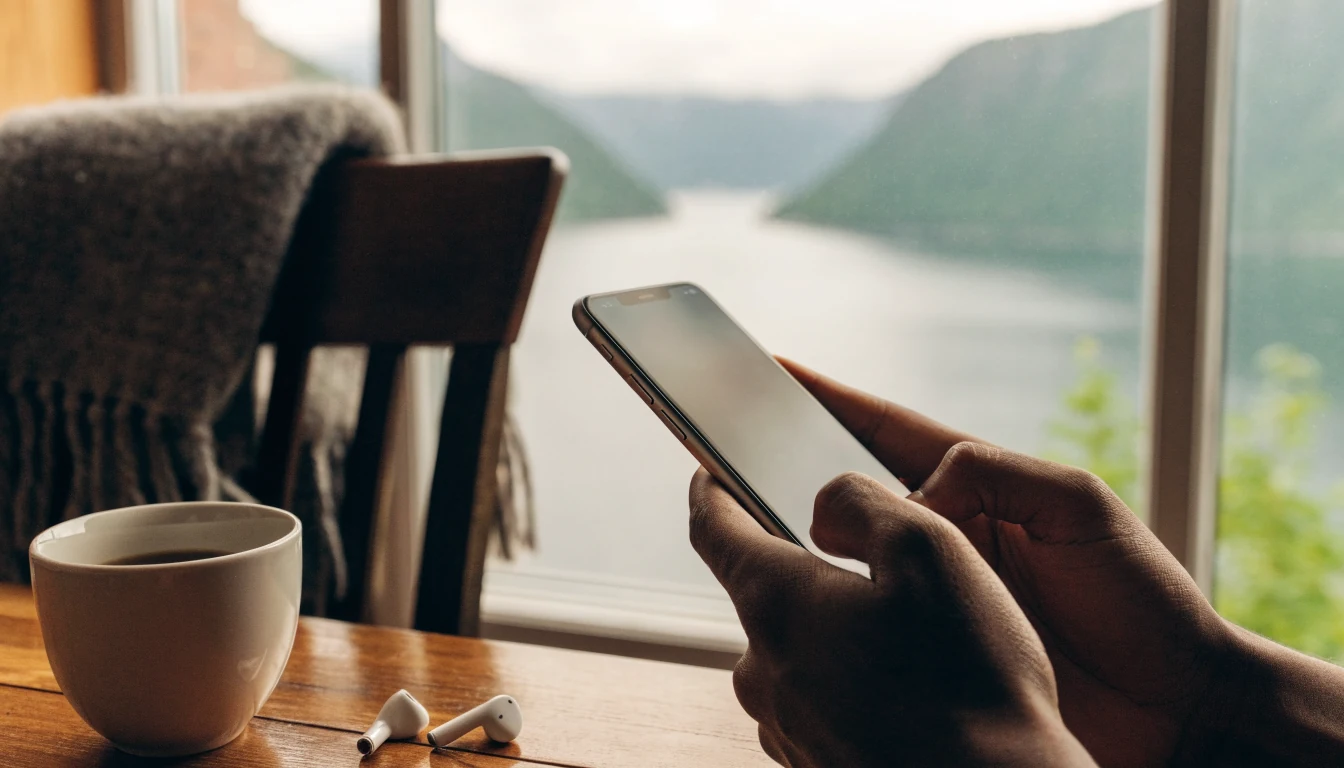 Hender som holder en smarttelefon ved et koselig norsk kafébord