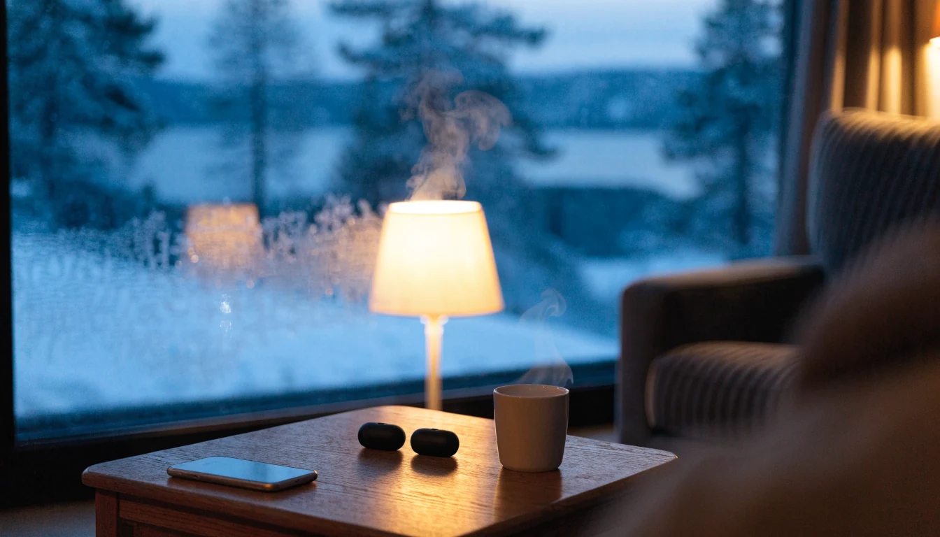 Koselig norsk stue med telefon på bordet ved siden av kaffe og nordlys utenfor vinduet