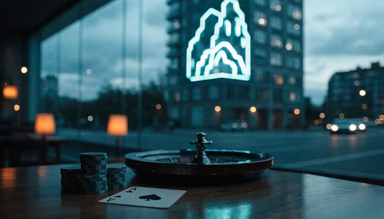 Bord med casinobrikker, kort og rulett ved vindu mot norsk bykveld