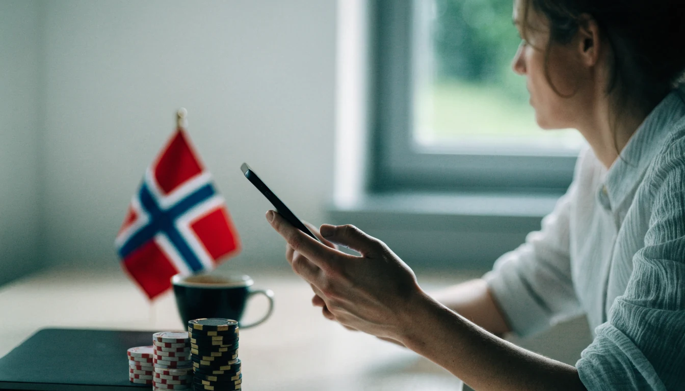 Nordmann sitter ved skrivebordet med telefon og jetonger